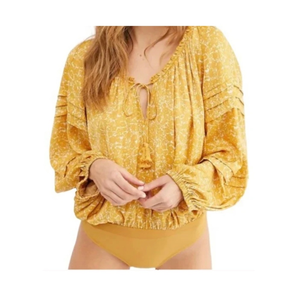 Free People  "All Tucks" Floral Yellow Bodysuit Size Small